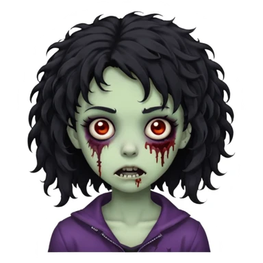 emoji of a zombie girl, black curly hair, medium length, emo, shaggy, dark, creepy face sticker