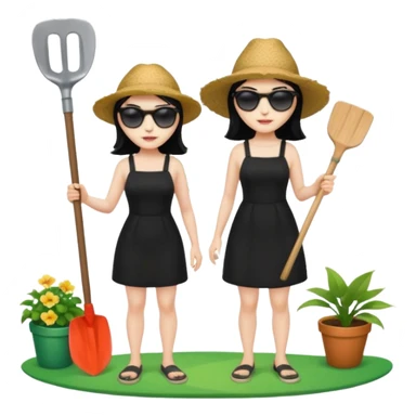 Princess who wearing black dress (woman) black hair holding her phone and a gardening shovel with another hand. She is standing on her feet, there is one green surfing board. sticker