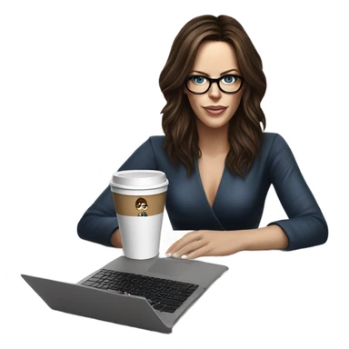 Hyper Realistic Kate Beckinsale dark blue eyes wearing glasses drinking coffee at a laptop  sticker
