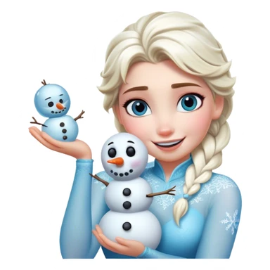 Cinematic Funny Elsa Portrait Emoji, Making a tiny snowman in her hands with a proud grin, looking smug as it dances, an unexpectedly hilarious moment of icy creativity! sticker