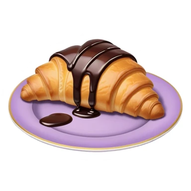 There's a croissant with chocolate syrup in a vintage pale purple plate. sticker