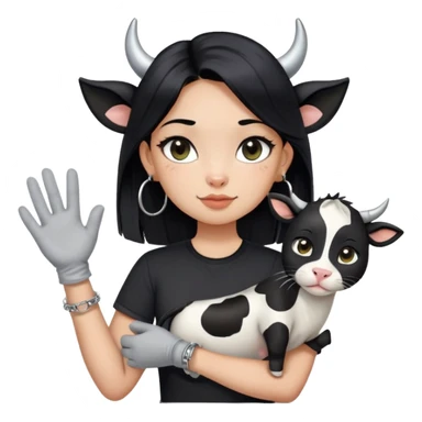 A girl with long straight black hair has upward-slanting eyeliner. She is wearing large silver hoop earrings, a black short-sleeved shirt, and a bracelet on her left hand. She is holding a cow cat with a black face and white "gloves". sticker