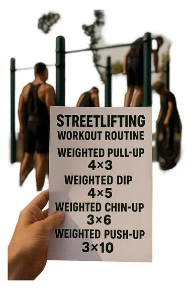 a close-up of a hand holding a printed streetlifting workout routine, with the exercises and sets written in bold text. In the background, an outdoor gym with pull-up bars, dip stations, and athletes wearing weighted belts. The lighting is natural, and the mood is motivational. sticker
