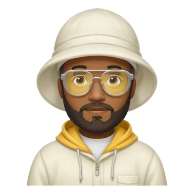black male bee keeper with beard, white hat and yellow glasses, white outfit, white hood sticker