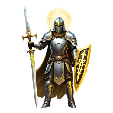 An icon representing a role-playing game (RPG), inspired by Elden Ring. The design features a warrior in armor, holding a sword, standing in front of a mystical, dark landscape with glowing runes and a distant castle. The atmosphere evokes epic quests, exploration, and intense battles. Transparent background sticker