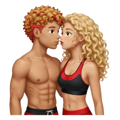 athletic man, high top fade, blonde curly hair only top only, no shirt and Athletic girl with long light red wavy long hair and black sports, Put them together kissing, or holding hands sticker