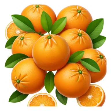 cluster of small, round orange citrus fruits, one peeled in segments, some with green leaf, no basket or extras, soft lighting, subtle shadows, emoji scale sticker