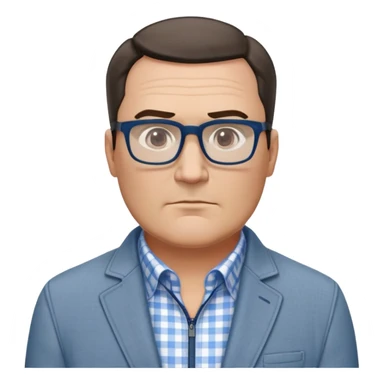 50-year-old heavyset man with very wide face and prominent square jawline. Short straight hair combed to the side, not balding. Large dark square glasses. Serious-relaxed expression. Light gray jacket that fits his larger frame, white shirt with blue checkered pattern. sticker