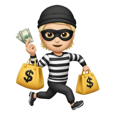 running emoji of a classic burglar, a black eye mask (looks like a blindfold) and a black-and-white striped shirt. emoji-like hair, black hat, ONE bag of money 💰 with a dollar sign in a hand sticker
