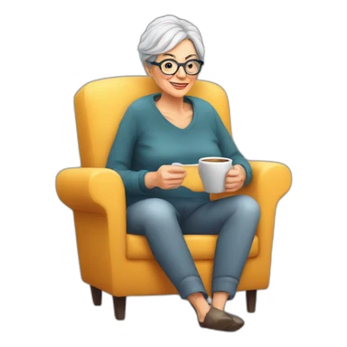 50 years old  woman, glasses, armchair, Reading at home, drinking a coffee, relax sticker