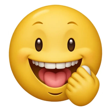 Quiero un personaje de una bolita de emoji amarilla con cara sonriente mordiéndose un dedo sticker