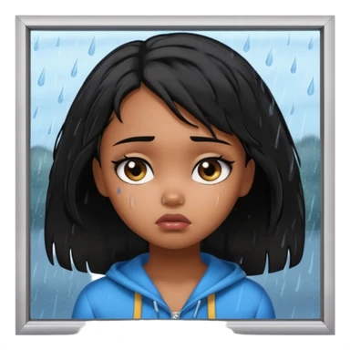 generate a pretty bratz brown skinned girl with messy black hair looking out of the rainy window, looking very sad sticker