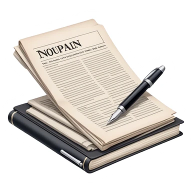Create an emoji representing journalism and publicistic writing. The design should feature a stack of newspapers, an open notebook with visible text, and a single fountain pen placed near the notebook, symbolizing the act of writing. Use neutral, professional colors like black, white, and muted tones to convey a sense of seriousness and intellect. Do not include any emojis or smiley faces. Make the background transparent. sticker