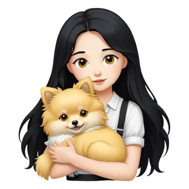 A girl with fair skin, long black hair, white suspenders, hugging a pure yellow long-haired Pomeranian sticker