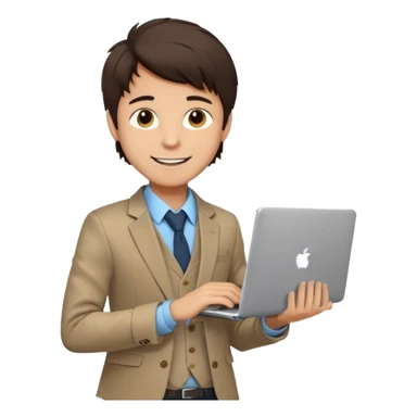 a light tan boy with messy dark brown hair. Wearing a blazer and carrying a lapotop. watch on wrist sticker