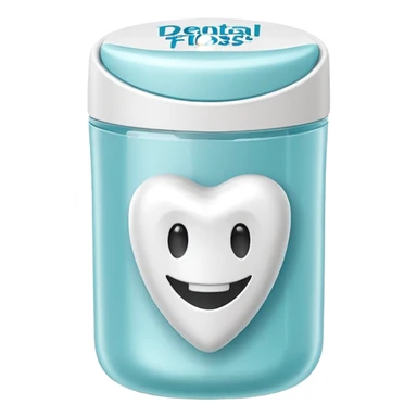 A small round plastic container with the phrase  "dental floss" on it sticker