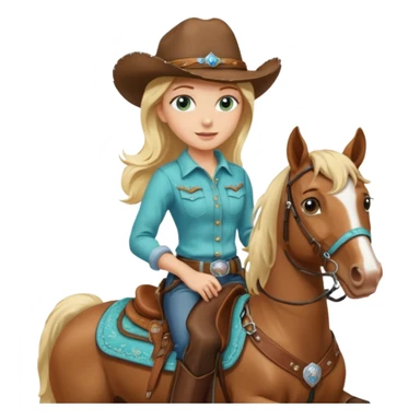 one blonde with light blue green eyes cowgirl on a horse sticker