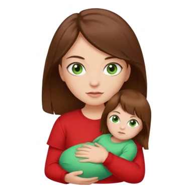 a girl with brown strait hair and has baby green eyes has a red t-shirt sticker