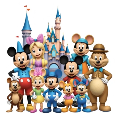 Colorful icon for Animated Movies: A vibrant collage featuring iconic characters like Goofy, Mickey Mouse, Franco, Masha and the Bear and Luntik. Each character should be large and bright, set against a cheerful and playful background of Disneyland. Transparent background. sticker