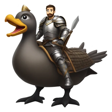 Confident armored White Man with dark brown hair and a short beard riding on the back of a giant armored duck pointing forward with one arm yelling a battle charge sticker