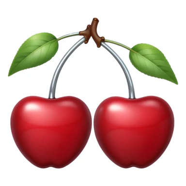 A pair of cherries emoji made of polished silver chrome, smooth rounded shapes, glossy metallic finish, soft highlights and reflections, cute proportions, iOS emoji style, centered, clean white background, no text sticker