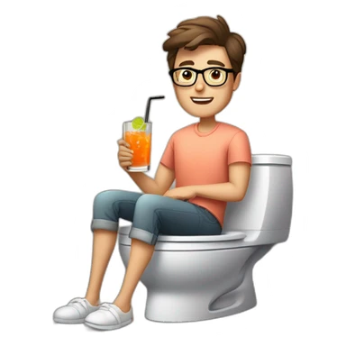 clean-shaven man with short brown hair, octagonal glasses, and salmon colored shirt sitting on the toilet, drinking a cocktail. Sitting on the toilet in the bathroom sticker