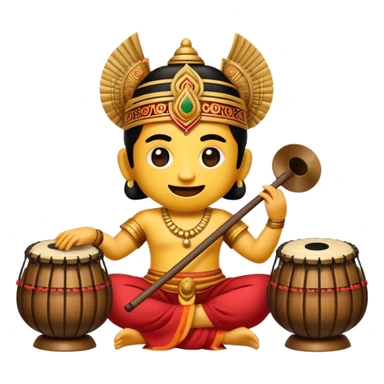 Cinematic Realistic Gamelan Pop Culture Emoji, depicted with an ensemble of traditional Indonesian instruments rendered with rich textures and rhythmic, cultural lighting. sticker