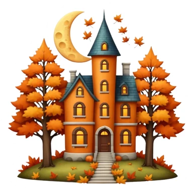 A whimsical fantasy style scene of a tall skinny house among tall trees that are a mixture of full lush trees and trees with warm and burnt orange colored fall leaves. Mysterious yet very warm and inviting, a quarter moon shape behind house. Still life very detailed & hyperrealistic  sticker