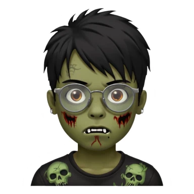 Boy, zombie, black hair, medium long, emo, shaggy, dark, spooky, creepy expression emoji, add dolce gabanna glasses, a risk on the eyebrow, some tattos  sticker