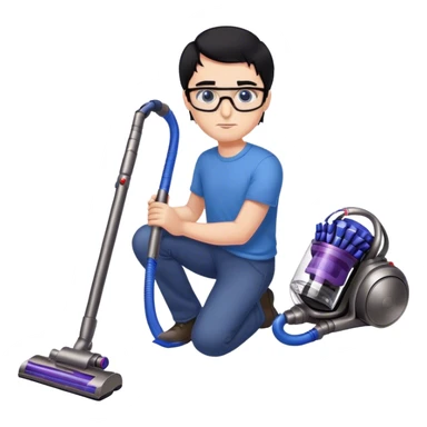 Man with black hair and blue eyes with glasses using a dyson on the floor sticker