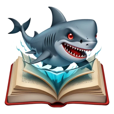 Icon for Horror & Mystery Reading: an open book with eerie glowing symbols, from which rise Dracula with fangs, flying bats, a zombie hand, and a lurking shark with sharp teeth. Surrounding elements. Transparent background. sticker