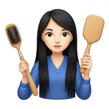 A white woman with long, straight black hair, holding a spray bottle in one hand and a wooden paddle hairbrush in the other. sticker