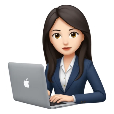 Sales women specialist in shipping with dark long hair with suits and MacBook  sticker