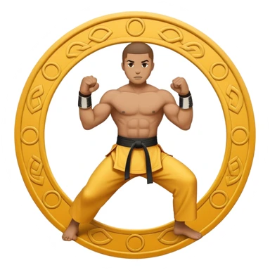 An emblem-style emoji symbolizing striking martial arts. The design features a stylized fighter in a dynamic stance, delivering a powerful punch, surrounded by a circular border with traditional elements like fists and combat symbols. Bold, clean lines with contrasting colors. sticker