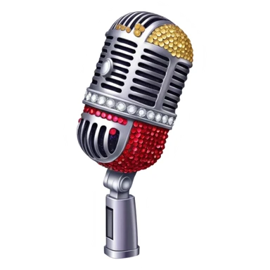 Create a glamorous and vibrant emoji representing stage vocal performance. The design should feature a humanless collage of classic vintage microphone, stage costume covered in rhinestones, sparkling brightly. The costume should be stylized, with glittering elements like sequins and sparkles, and reflect the glitzy, extravagant nature of show business. The microphone should have a sleek, retro look with chrome or metallic accents. Use rich, dazzling colors like gold, silver, deep purple, and bright red to evoke the glamorous, larger-than-life feel of a stage performance. The background should be transparent. sticker