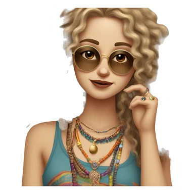 Caucasian hippie girl with curly dirty blonde hair, hazel eyes, baggy colorful pants and a tank top, lots of bohemian bracelets and jewelry, smoking and joint and wearing sunglasses  sticker