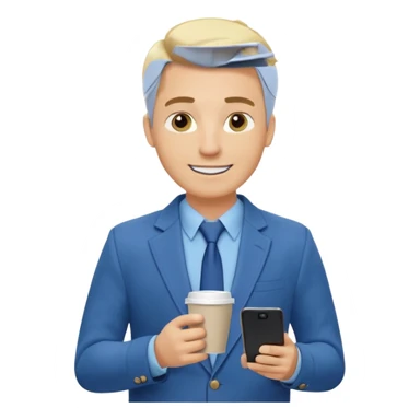 Confident and outgoing male entrepreneur, Caucasian features, blonde hair, big friendly smile, expressive eyes, defined eyebrows, wearing a blue blazer over a light blue shirt, holding a smartphone in one hand and a coffee cup in the other, waist-up, front-facing sticker