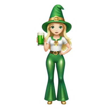 Blonde haired girl in glittery green bell bottoms and tall leprechaun hat holding a green beer sticker
