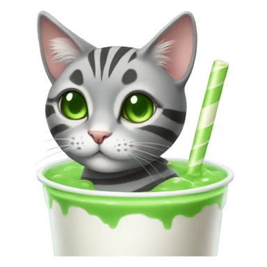 A striped grey cat with green eyes drinking boba sticker