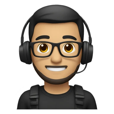 Create a Memoji-style avatar of a man with short black hair, glasses, and a beard. He is smiling and wearing a black shirt. He also has a pair of headphones around his neck. sticker