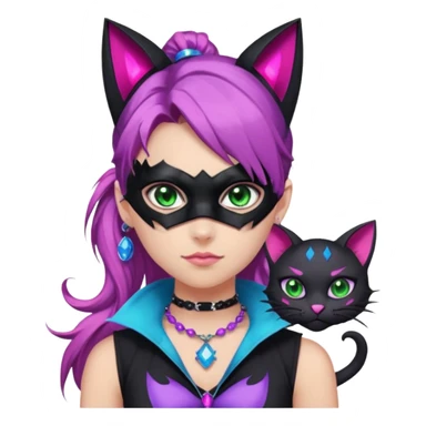 Girl with green eyes, wearing a bat mask with pink stones, and her hair tied in a ponytail, the hair is purple, blue, and pink streaks, with black cat ears with pink stones, wearing a black shirt that covers the neck, and a sleeveless blue jacket, and a necklace of pink stones sticker