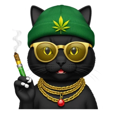 A black cat wearing the deal with it shades and a rasta beanie and smoking a joint and wearing a gold chain that says 420 and the words High Time at the top of the image sticker