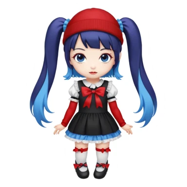 Chibi kawaii girl, violet eyes, black-blue twin tails, red ribbons, red beanie, black & white lolita dress with red accents, white thigh-highs, black mary janes, cute aesthetic. sticker