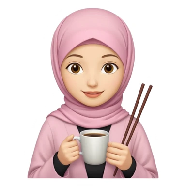 A hijabi girl with light pink hijab and tanned skin holding coffee in one hand and chopsticks in other. Only upper portion of the body shown in IOS format sticker