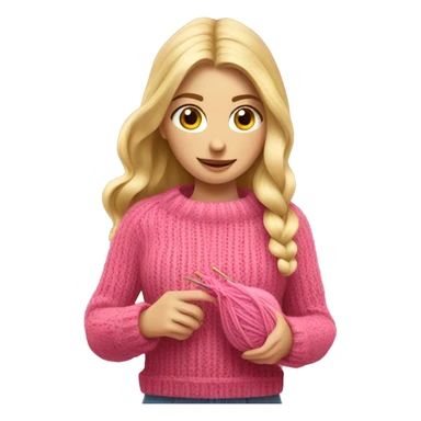 Blonde girl knitting with pink sweater knitting a hat sticker