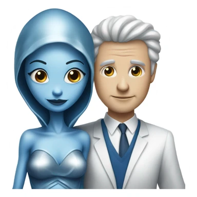 alien woman in silver dress hugs white man in blue dress sticker