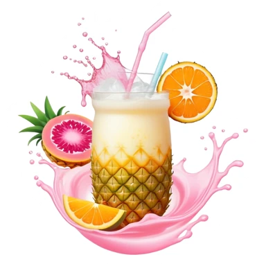 Golden pineapple, orange mango slices, pink papaya pieces, and a swirling white kefir drink floating around a glowing stomach. Light streams flow through the digestive system, showing enzymatic action dissolving blockages. sticker