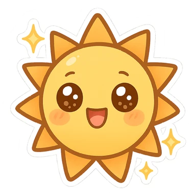 chibi sticker-style sun with sparkles, cute and exaggerated sticker