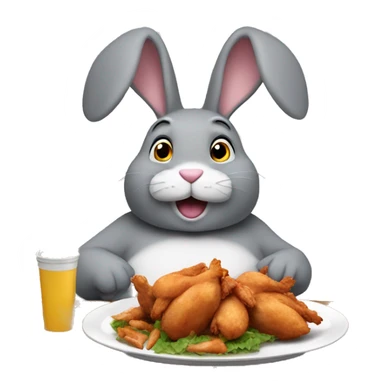 Fat gray bunny with big ears eating chicken wings and is sitting on a table  sticker