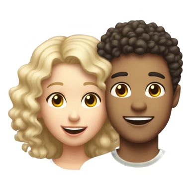 Dark curly haired shorter girl with taller white blond boy smiling with tongue out couple photo sticker
